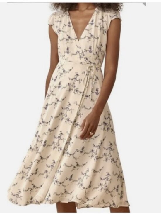 Reformation Dresses & Skirts - Reformation Carina Wrap Midi Dress Ivory Emmaline Floral XS Blue Print Tie Waist